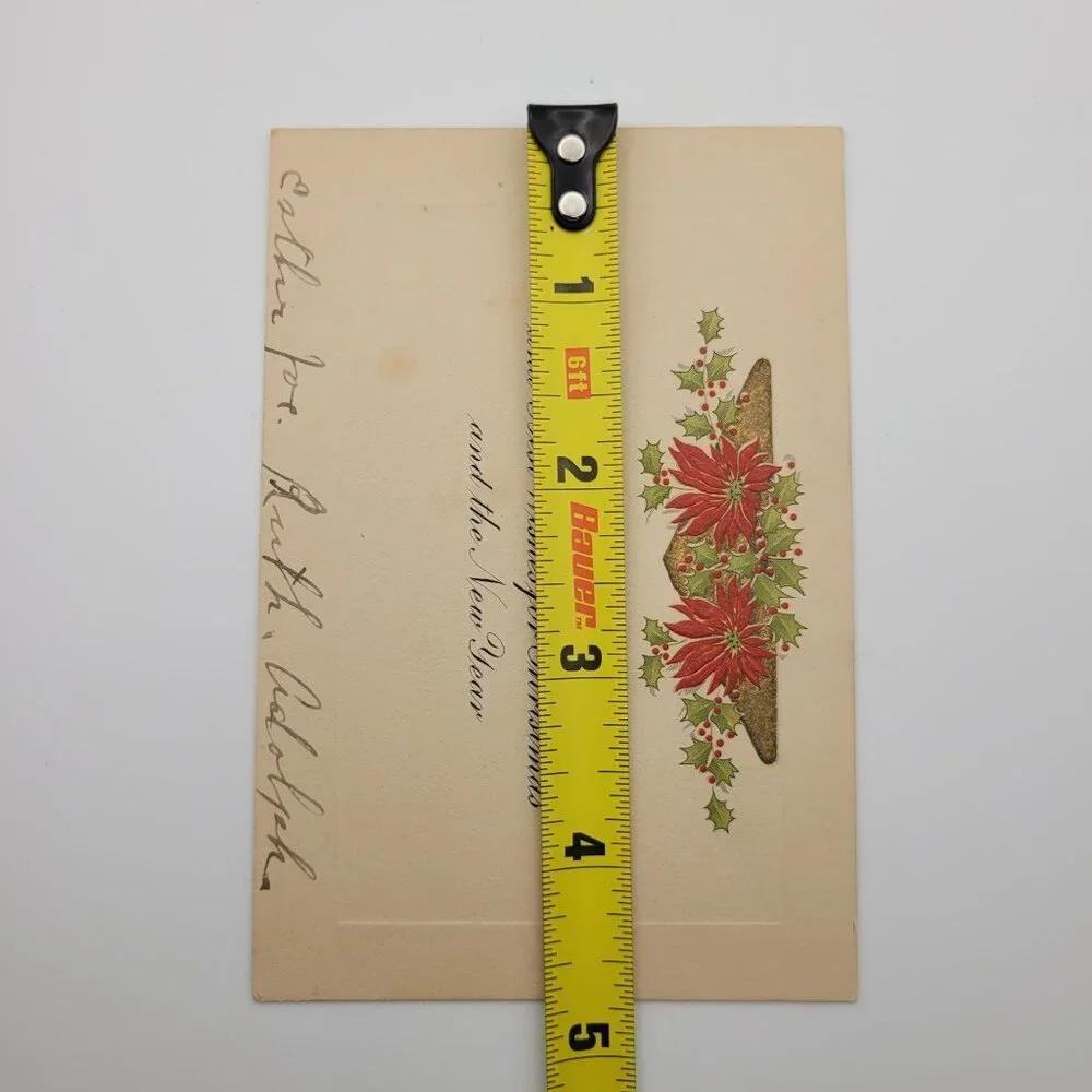 Vintage Christmas Card Esther Ruth Adolph Handwritten Poinsettia‎ Holly 5x3 Inch